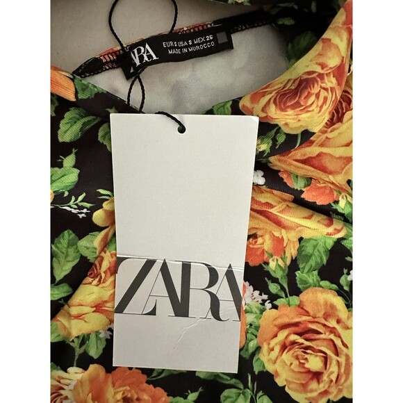 Zara Halter Top Bodysuit Size Small S Black Yellow Green Floral Twist Neck - Picture 9 of 13